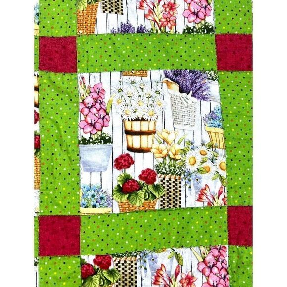 Quilt Hand Made By Church Ladies Tile Pattern Summer Cottage Garden 38”x55” - Picture 2 of 6